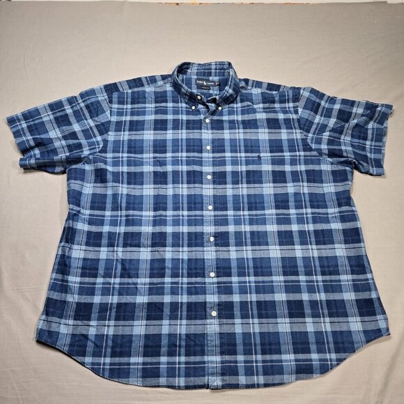Polo Ralph Lauren 3X BIG Blue Plaid Short Sleeve 100% Cotton Button Down Shirt - Picture 2 of 10